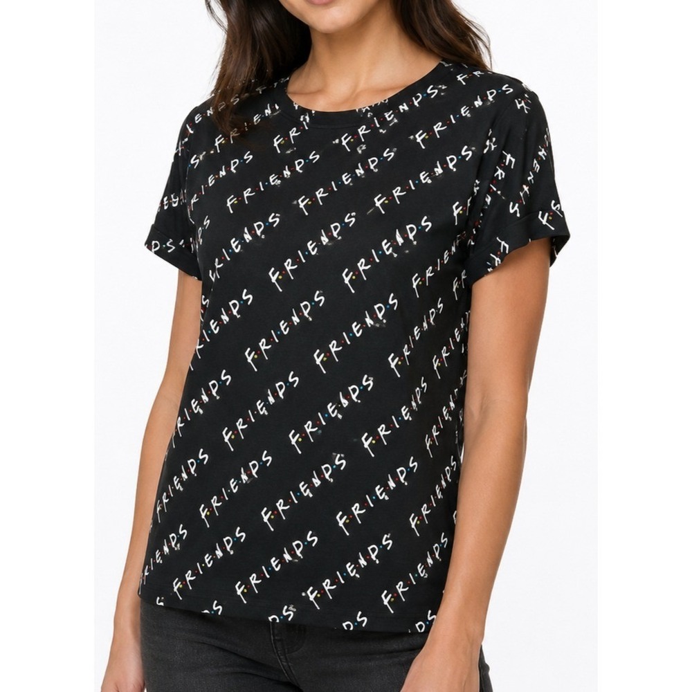 Friends Women's T Shirt Black Size S Allover Logo TV Show Graphic Casual Tee Top